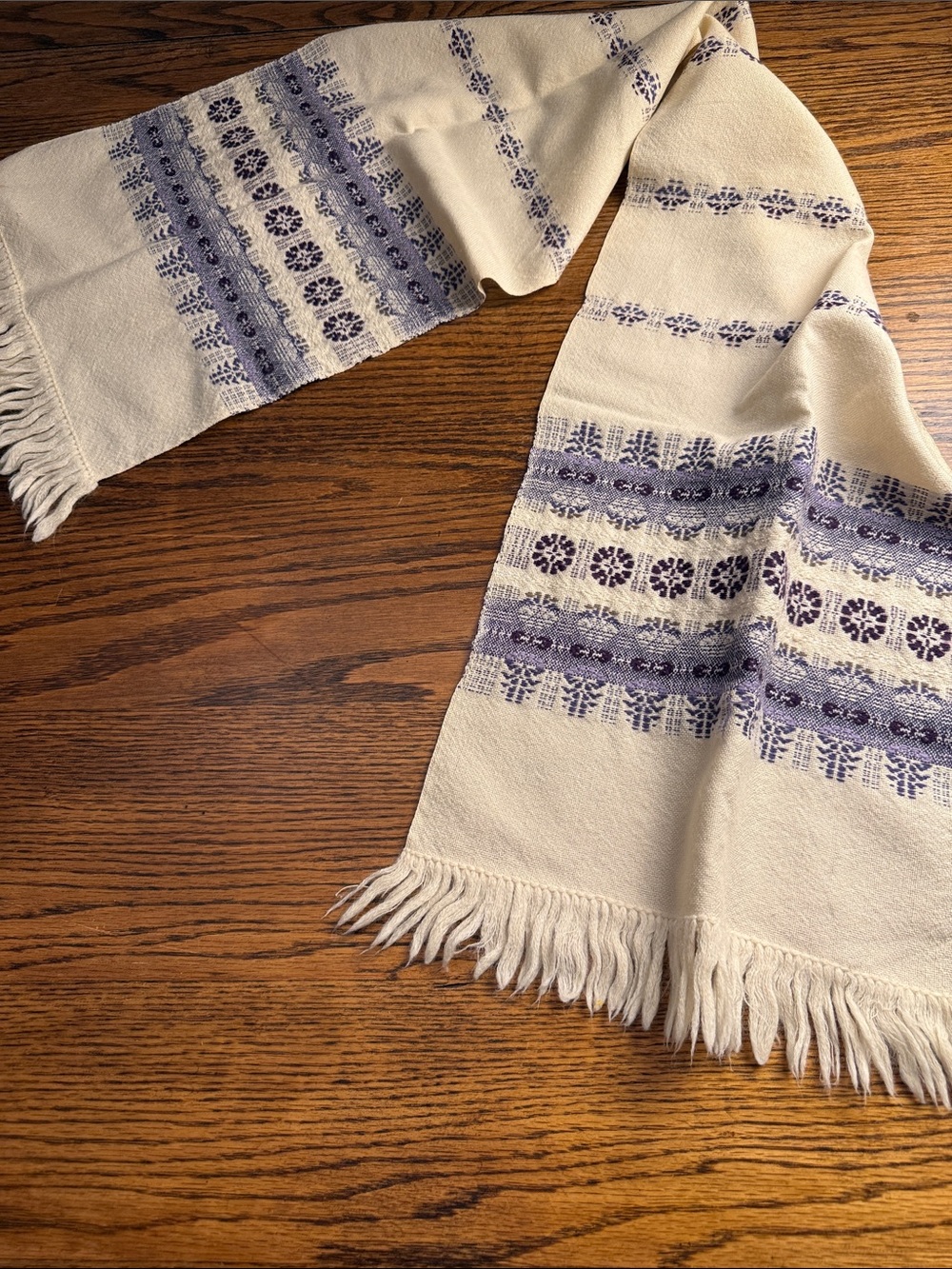 Vintage Woven Scarf Cream Purple Baltic Folk Inspired Fringe 53 Inch